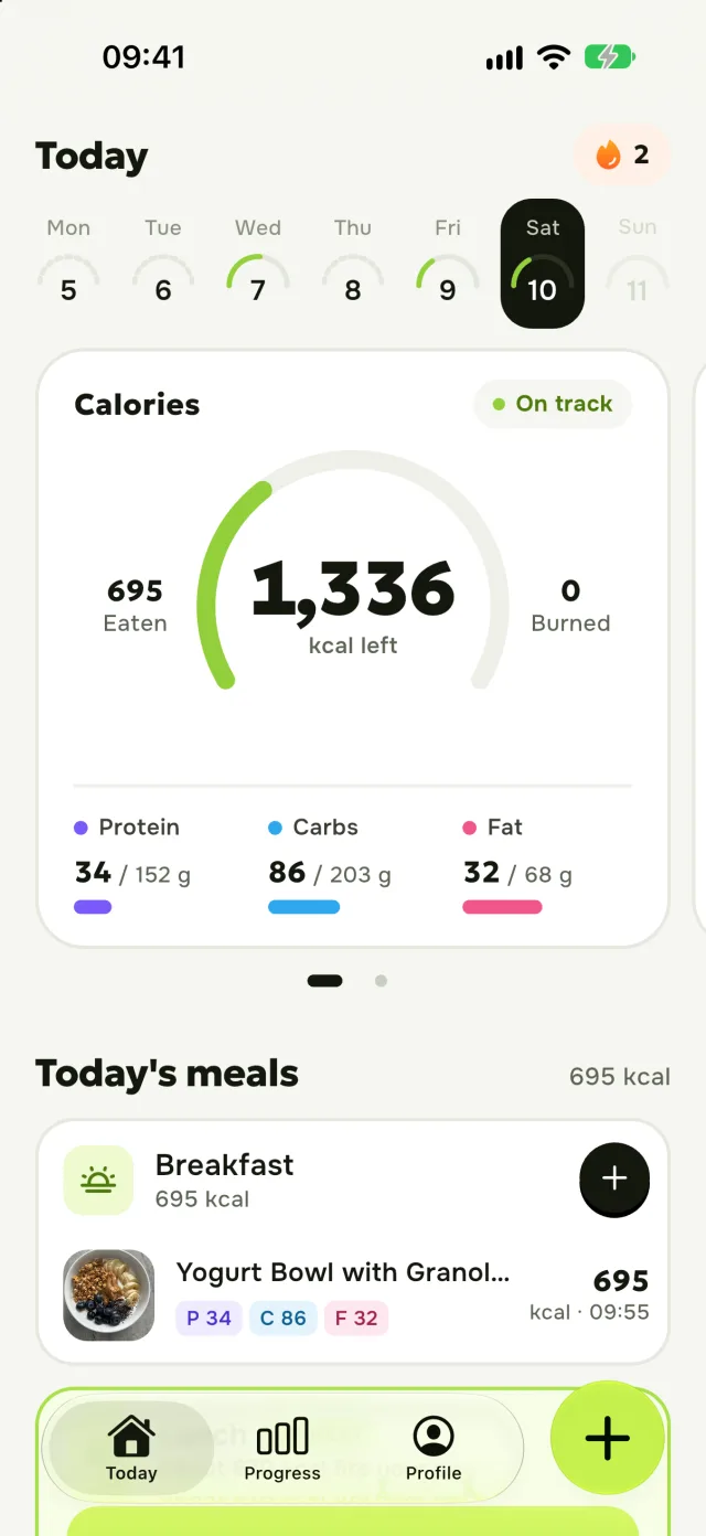 NokPal home screen: daily calorie ring and macros